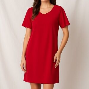 Talbots Red Shift‎ Dress 14WP Women Petite Short Sleeve V-Neck Stretch Workwear